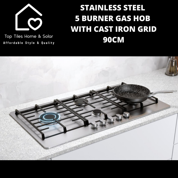 Stainless Steel 5 Burner Gas Hob with Cast Iron Grid - 90cm