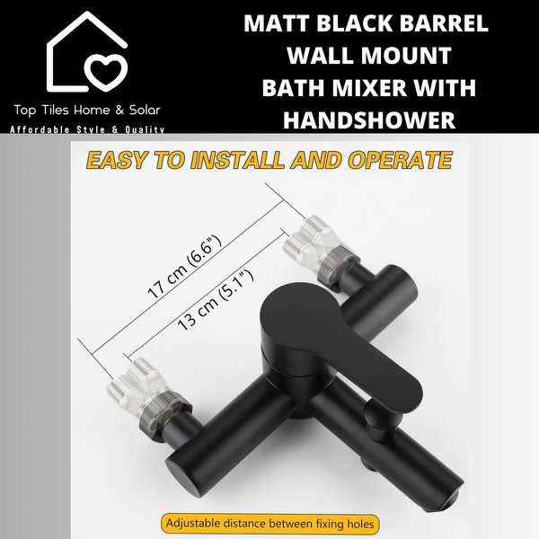 Matt Black Barrel Wall Mount Bath Mixer With Handshower