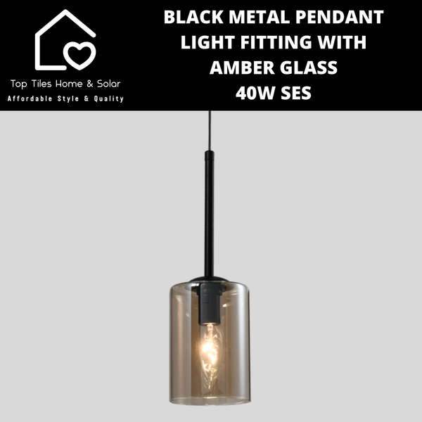 Black Metal Pendant Light Fitting with Amber Glass - 40W SES