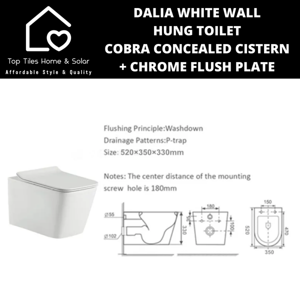 Dalia White Wall Hung Toilet With Cobra Concealed Cistern & Chrome Flush Plate