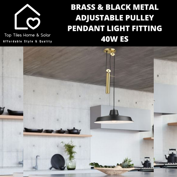 Brass & Black Metal Adjustable Pulley Pendant Light Fitting - 40W ES