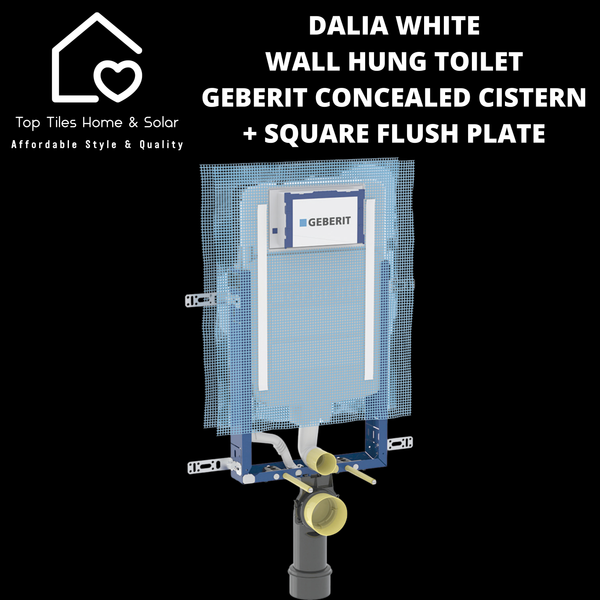Dalia White Wall Hung Toilet With Geberit Concealed Cistern & Square Flush Plate