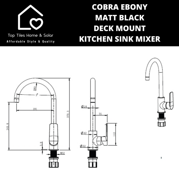 Cobra Ebony Matt Black Deck Mount Kitchen Sink Mixer