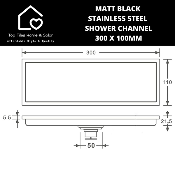 Matt Black Stainless Steel Shower Channel - 300 x 100mm