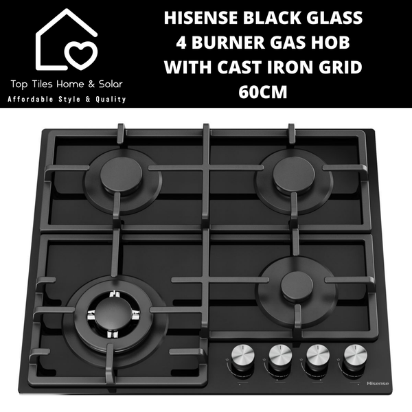 Hisense Black Glass 4 Burner Gas Hob with Cast Iron Grid - 60cm