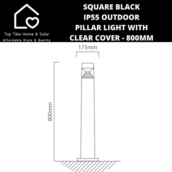 Square Black IP55 Outdoor Pillar Light with Clear Cover - 800mm
