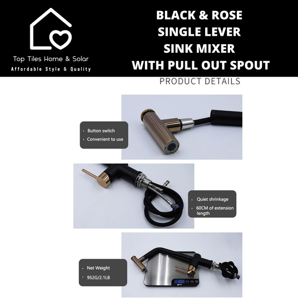 Black & Rose Single Lever Sink Mixer With Pull Out Spout