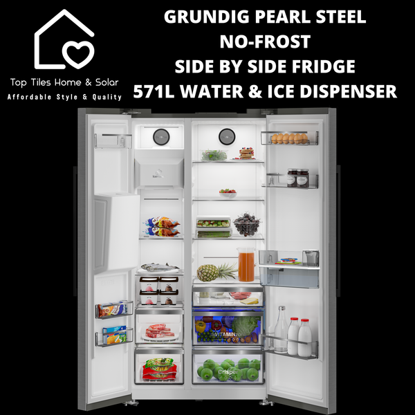 Grundig Pearl Steel No-Frost Side by Side Fridge - 571L Water & Ice Dispenser