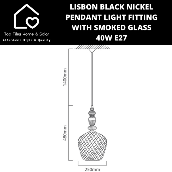 Lisbon Black Nickel Pendant Light Fitting with Smoked Glass - 40W E27