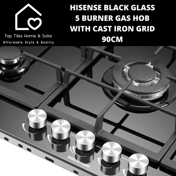 Hisense Black Glass 5 Burner Gas Hob with Cast Iron Grid - 90cm