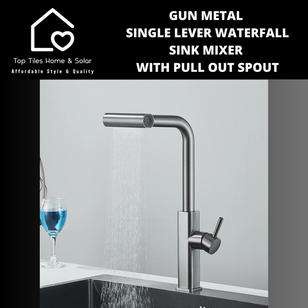Gun Metal Lever Waterfall Sink Mixer With Pull Out Spout
