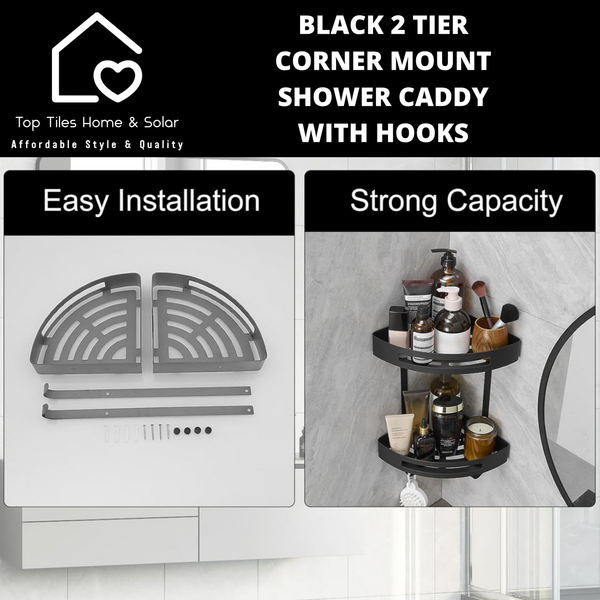 Black 2 Tier Corner Mount Shower Caddy with Hooks