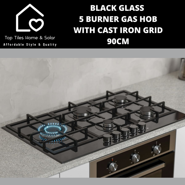 Black Glass 5 Burner Gas Hob with Cast Iron Grid - 90cm