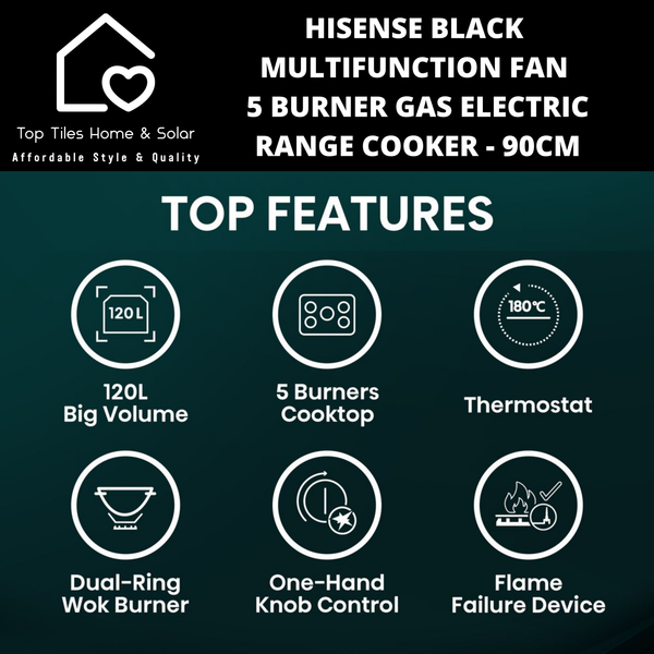 Hisense Black Multifunction Fan 5 Burner Gas Electric Range Cooker - 90cm