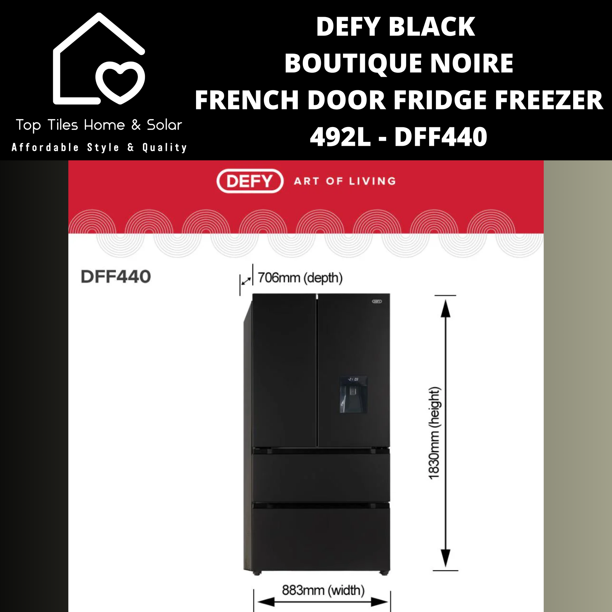 Defy Black Boutique Noire French Door Fridge - 492L DFF440 – Top