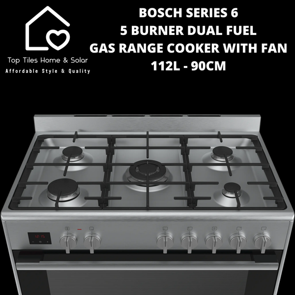 Bosch Series 6 - 5 Burner Dual Fuel Gas Range Cooker with Fan 112L - 90cm