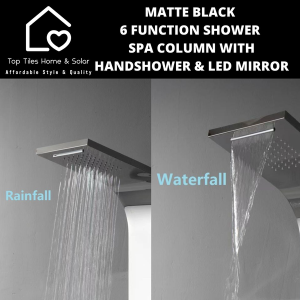 Matte Black 6 Function Shower Spa Column with Handshower & LED Mirror