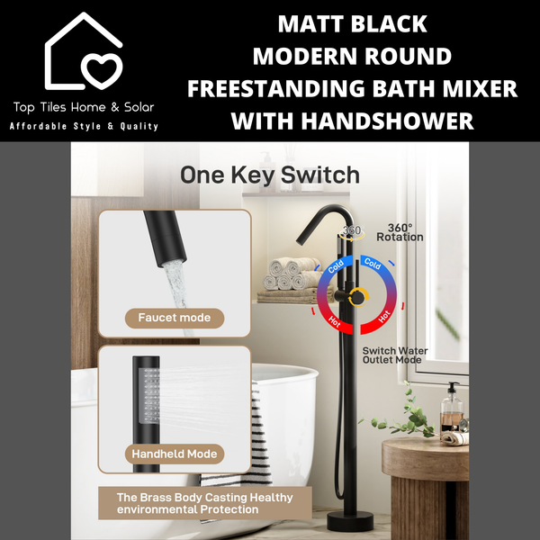 Matt Black Modern Round Freestanding Bath Mixer With Handshower