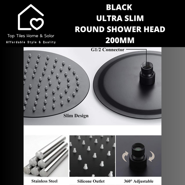 Black Ultra Slim Round Shower Head - 200mm