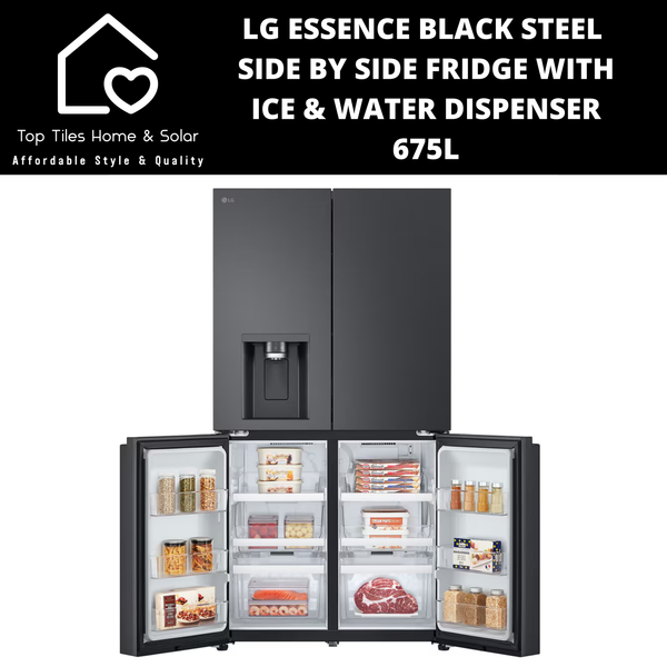 LG Essence Black Steel Side by Side Fridge with Ice & Water Dispenser - 675L