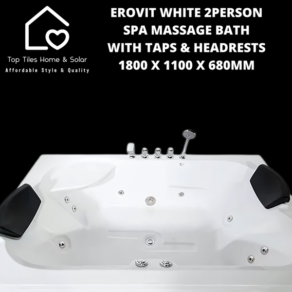 Erovit White Spa 2Person Massage Bath with Taps & Headrests - 1800 x 1100 x 680mm