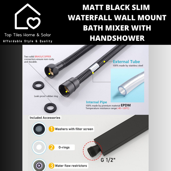 Matt Black Slim Waterfall Wall Mount Bath Mixer With Handshower