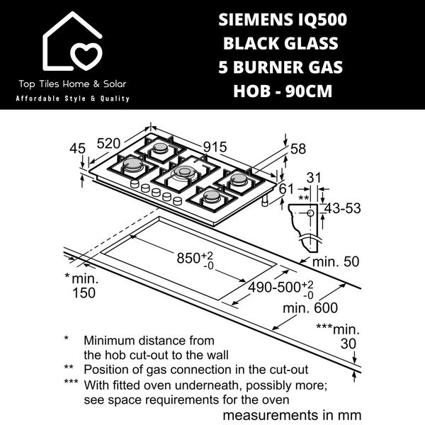 Siemens iQ500 - Black Glass 5 Burner Gas Hob - 90cm