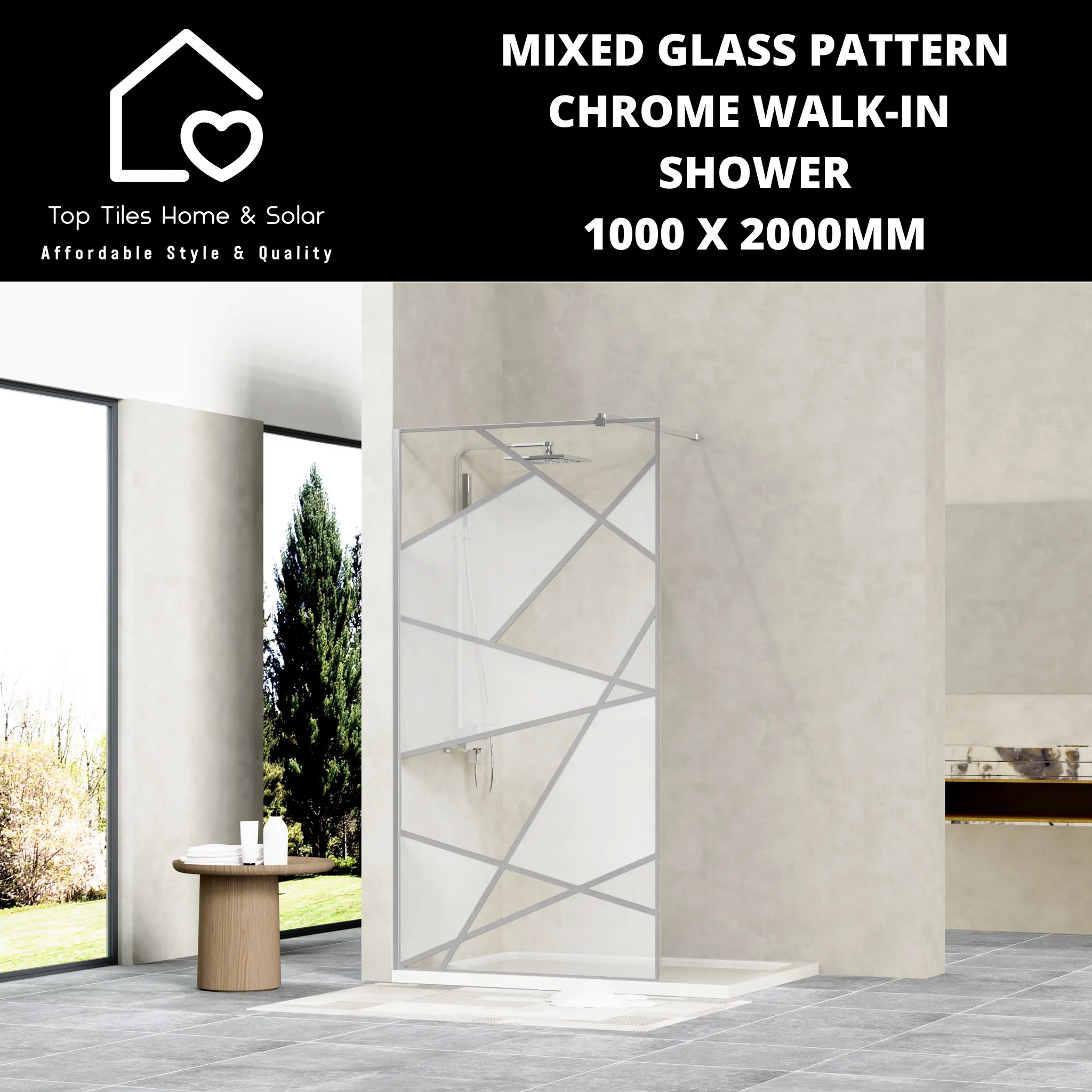 Mixed Glass Pattern Chrome Walk-in Shower- 1000 x 2000mm