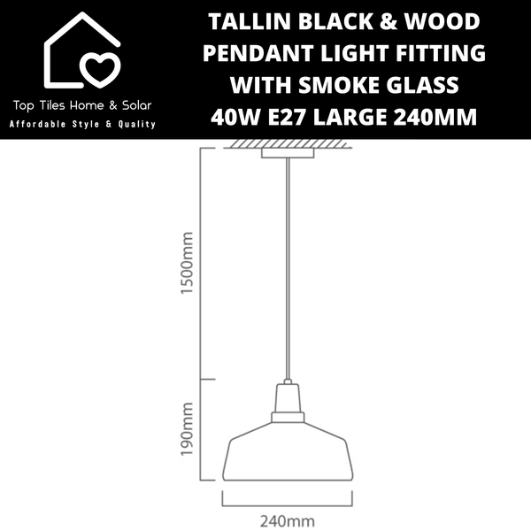 Tallin Black Wood Pendant Light Fitting with Smoke Glass - 40W E27 240mm