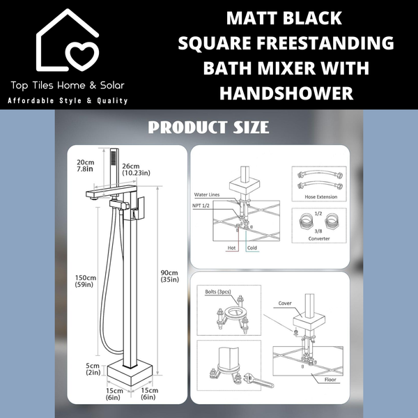 Matt Black Square Freestanding Bath Mixer With Handshower