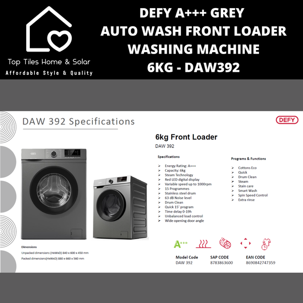 Defy A+++ Grey Auto Wash Front Loader Washing Machine - 6kg DAW392