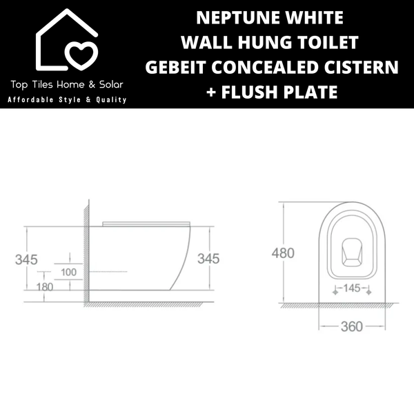 Neptune White Wall Hung Toilet With Geberit Concealed Cistern & Dual Flush Plate