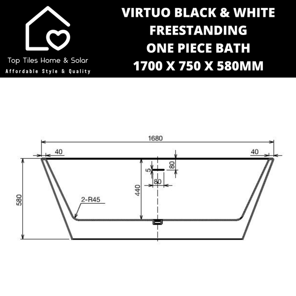Virtuo Black & White Square Freestanding One Piece Bath - 1700 x 750 x 580mm