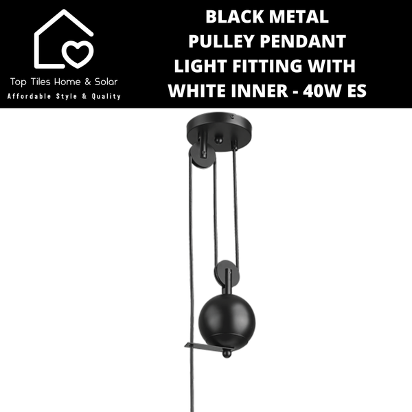 Black Metal Pulley Pendant Light Fitting with White Inner - 40W ES
