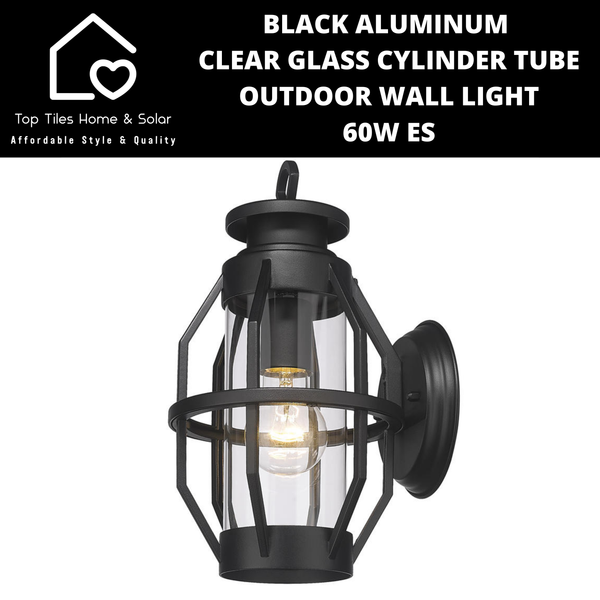 Black Aluminum & Clear Glass Cylinder Tube Outdoor Wall Light - 60W ES