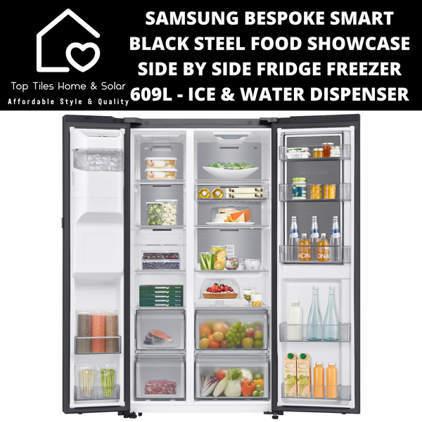 Samsung 3 Door Smart Black Steel Food Showcase Side by Side Fridge Freezer - 609L