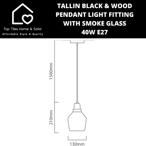 Tallin Black Wood Pendant Light Fitting with Smoke Glass - 40W E27