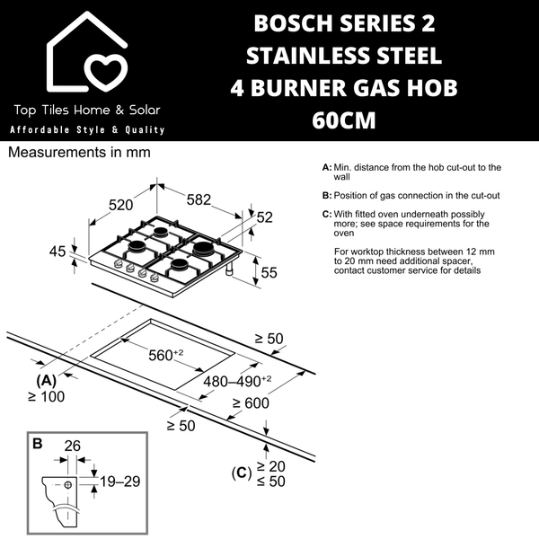 Bosch Series 2 - Stainless Steel 4 Burner Gas Hob - 60cm