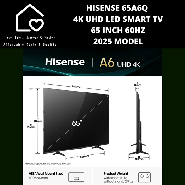 Hisense 65A6Q 4K UHD LED Smart TV - 65 Inch 2025 MODEL