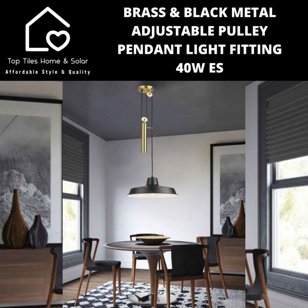 Brass & Black Metal Adjustable Pulley Pendant Light Fitting - 40W ES