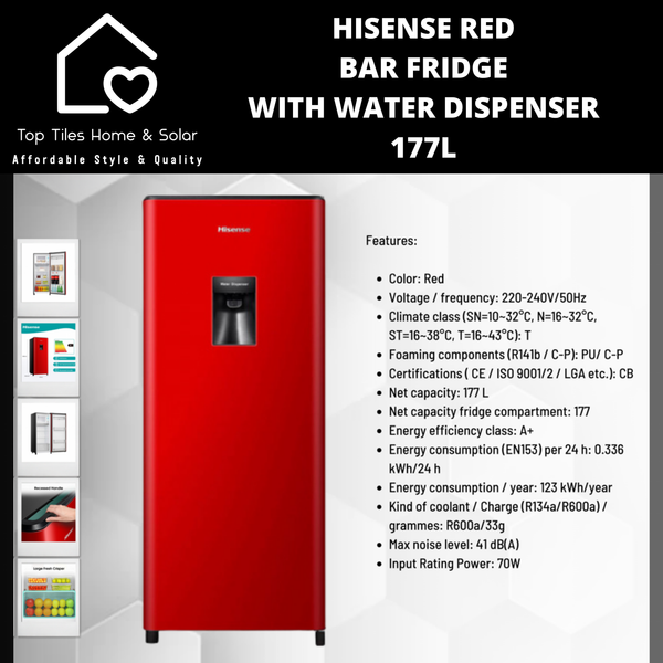 Hisense Red Bar Fridge with Water Dispenser - 177L