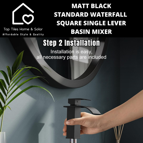 Matt Black Standard Waterfall Square Single Lever Basin Mixer