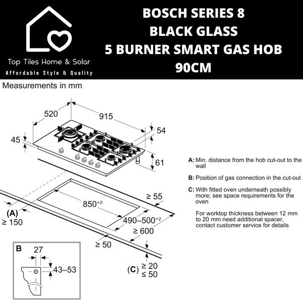 Bosch Series 8 - Black Glass 5 Burner Smart Gas Hob - 90cm