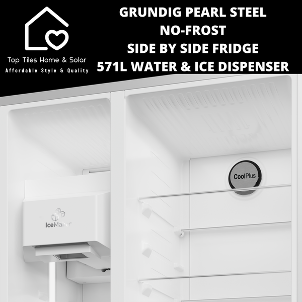 Grundig Pearl Steel No-Frost Side by Side Fridge - 571L Water & Ice Dispenser