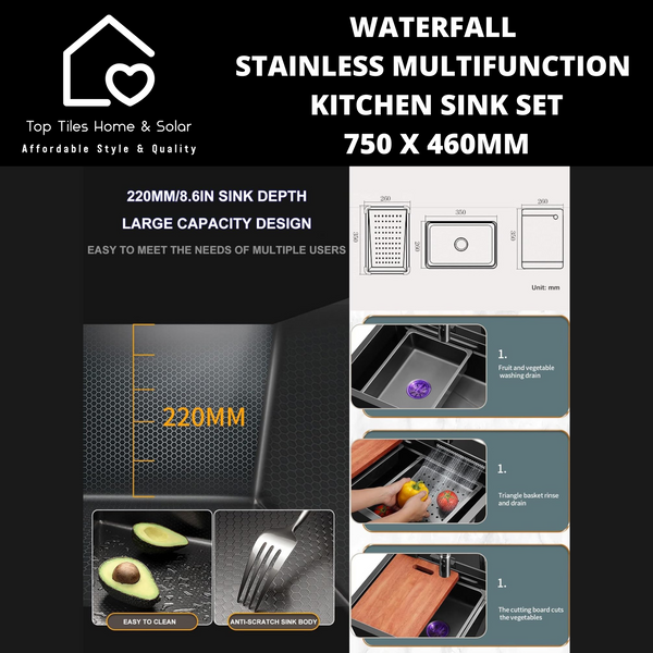 Waterfall Stainless Multifunction Kitchen Sink Set - 750 x 460mm