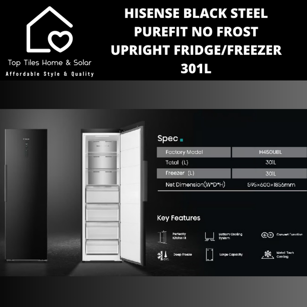 Hisense Black Steel No Frost Upright  Fridge / Freezer Convert Function - 301L