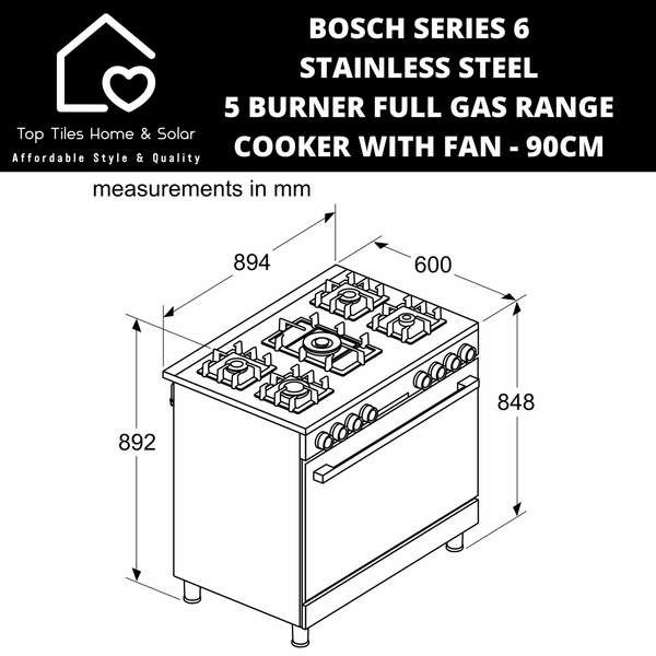Bosch Series 6 - 5 Burner Full Gas Range Cooker with Fan - 90cm