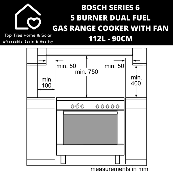 Bosch Series 6 - 5 Burner Dual Fuel Gas Range Cooker with Fan 112L - 90cm