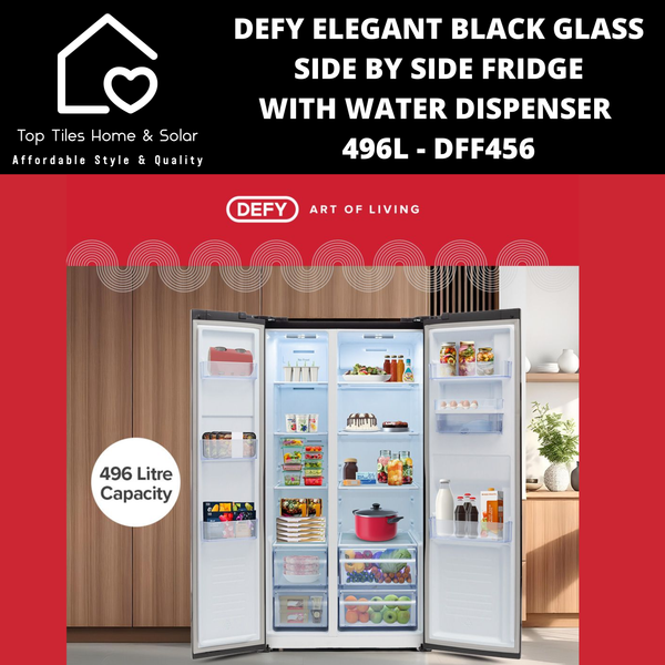Defy Elegant Black Glass Side by Side Fridge - 496L Water Dispenser DFF456