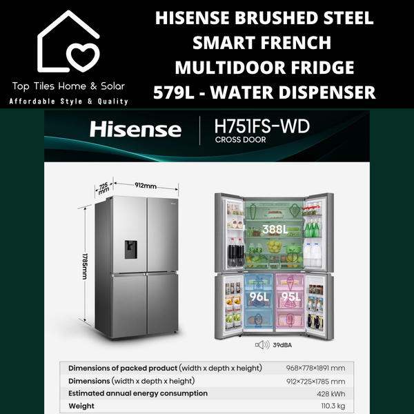 Hisense Brushed Steel Smart French MultiDoor Fridge  - 579L Water Dispenser